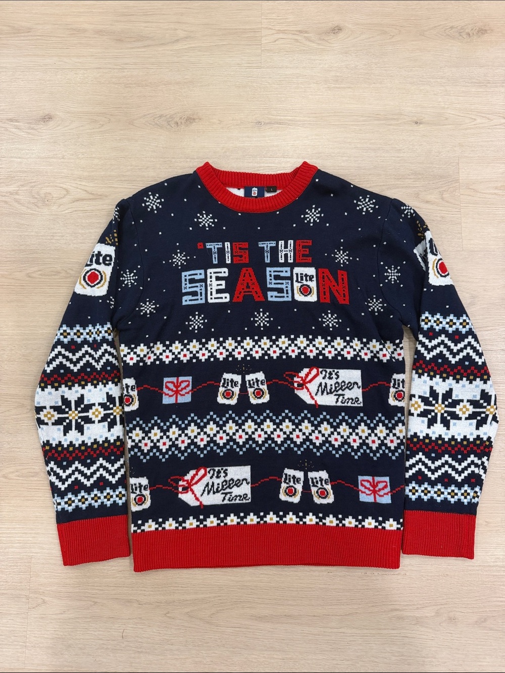 Miller Light Large Festive Navy & Red Holiday Sweater - 'Tis The Season